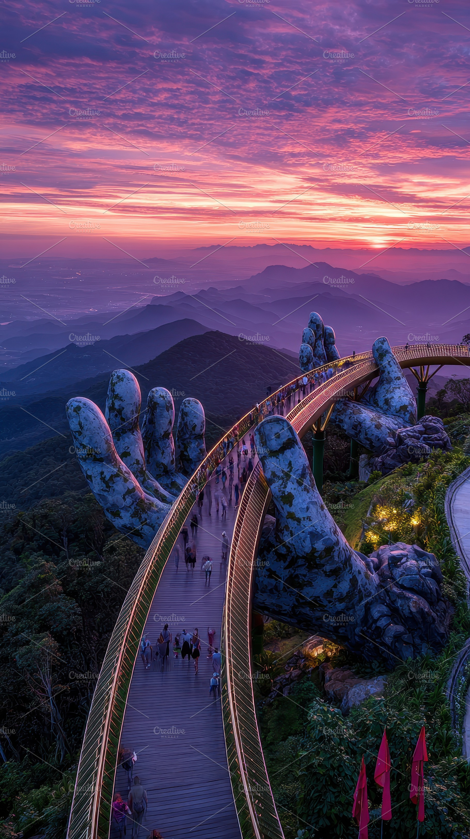 Golden Bridge Vietnam Sunset View Pe, a Photo by Pixeness Studio