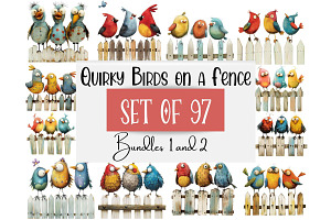 97 Quirky Birds on a Fence Clipart, an Animal Illustration by Art Paradise Studios