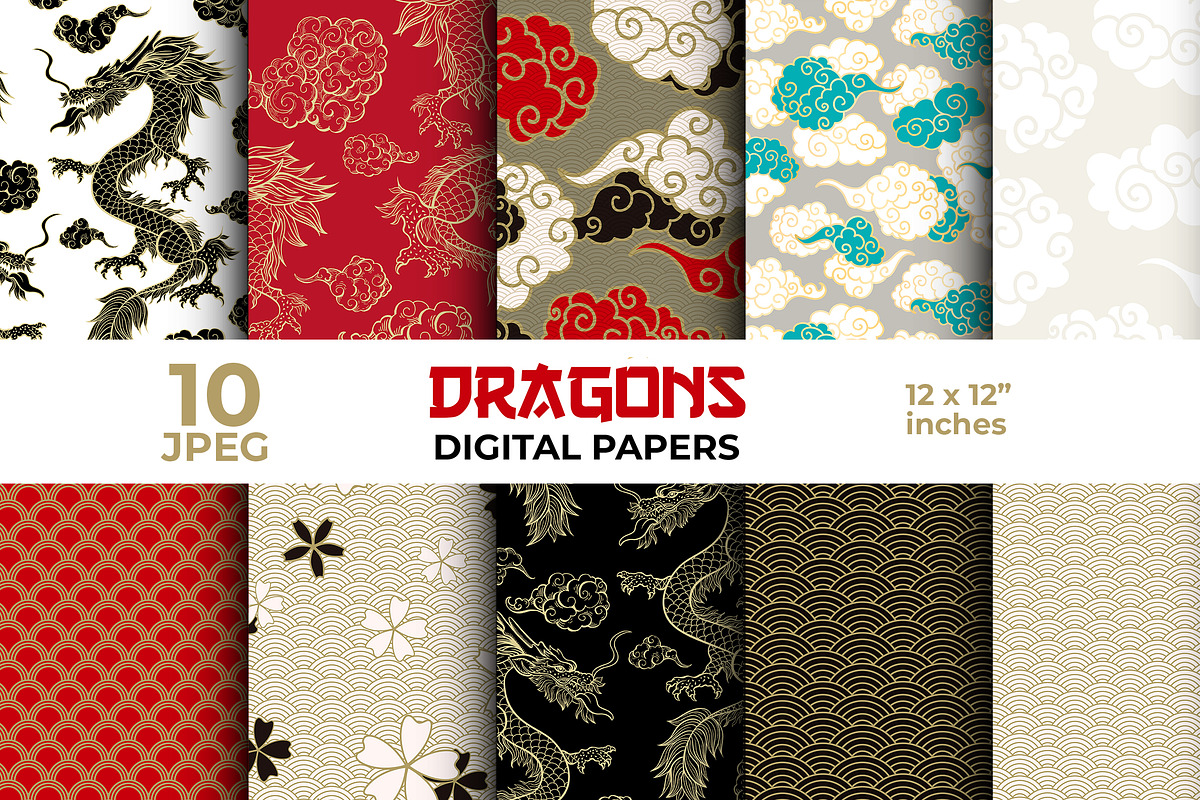 Chinese Dragon Digital Papers, a Pattern Graphic by ilonitta (Photo 1 of 13)