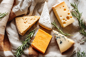 Assortment of soft and aged cheeses arranged on a cloth with fresh herbs in a r, a Food & Drink Photo by AlyaAnd