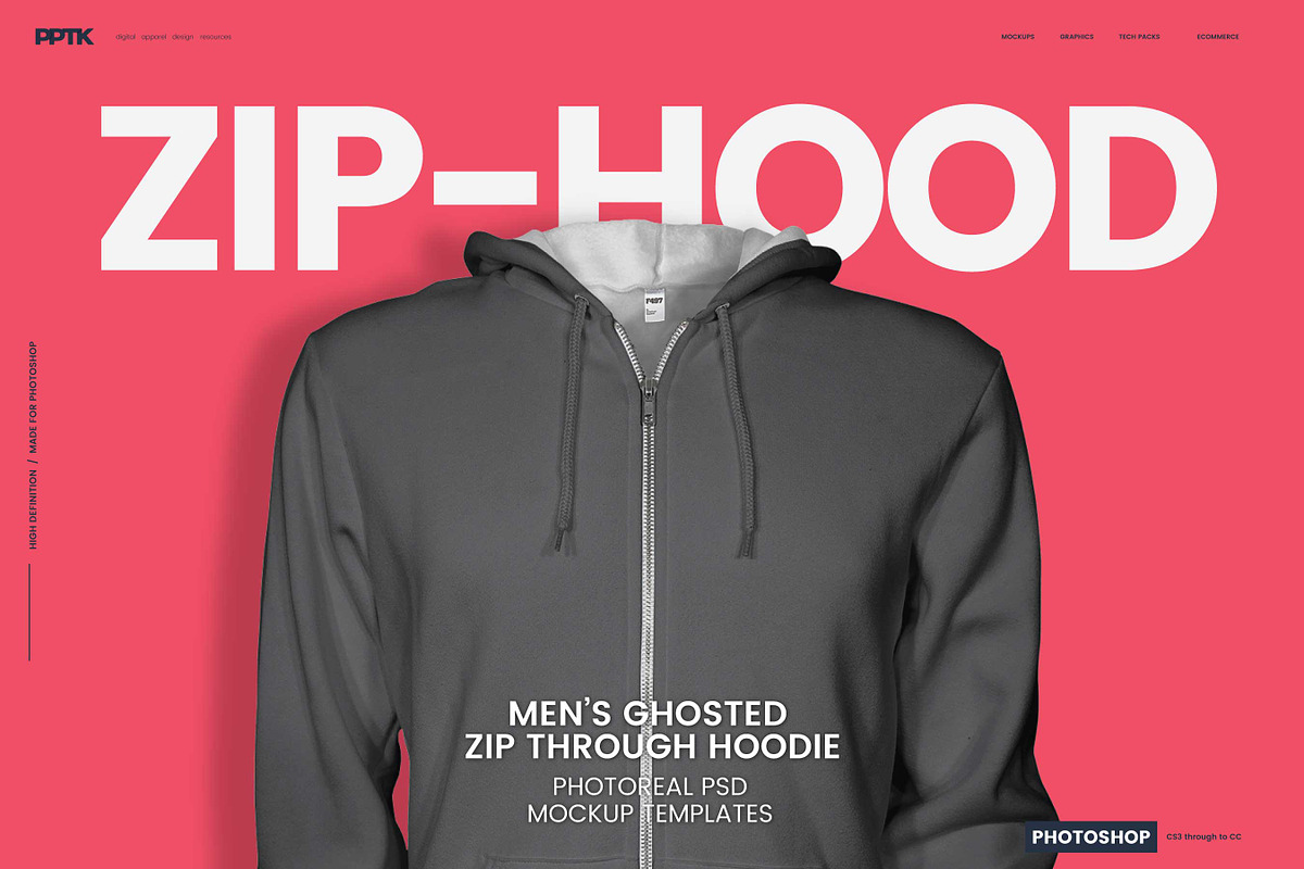 Mens Ghosted Zip Hoodie Templates, a Hoody Mockup by PrePress Toolkit (Photo 1 of 7)