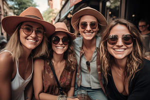Smiling friends wearing hats and sun, a Person Photo by Perpis