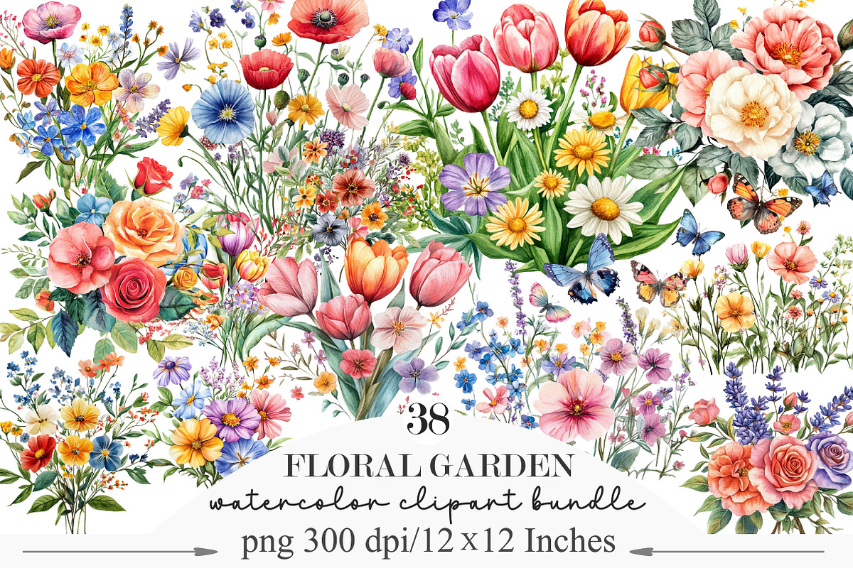 Watercolor Floral Garden Clipart, an Illustration by Designking (Photo 1 of 5)
