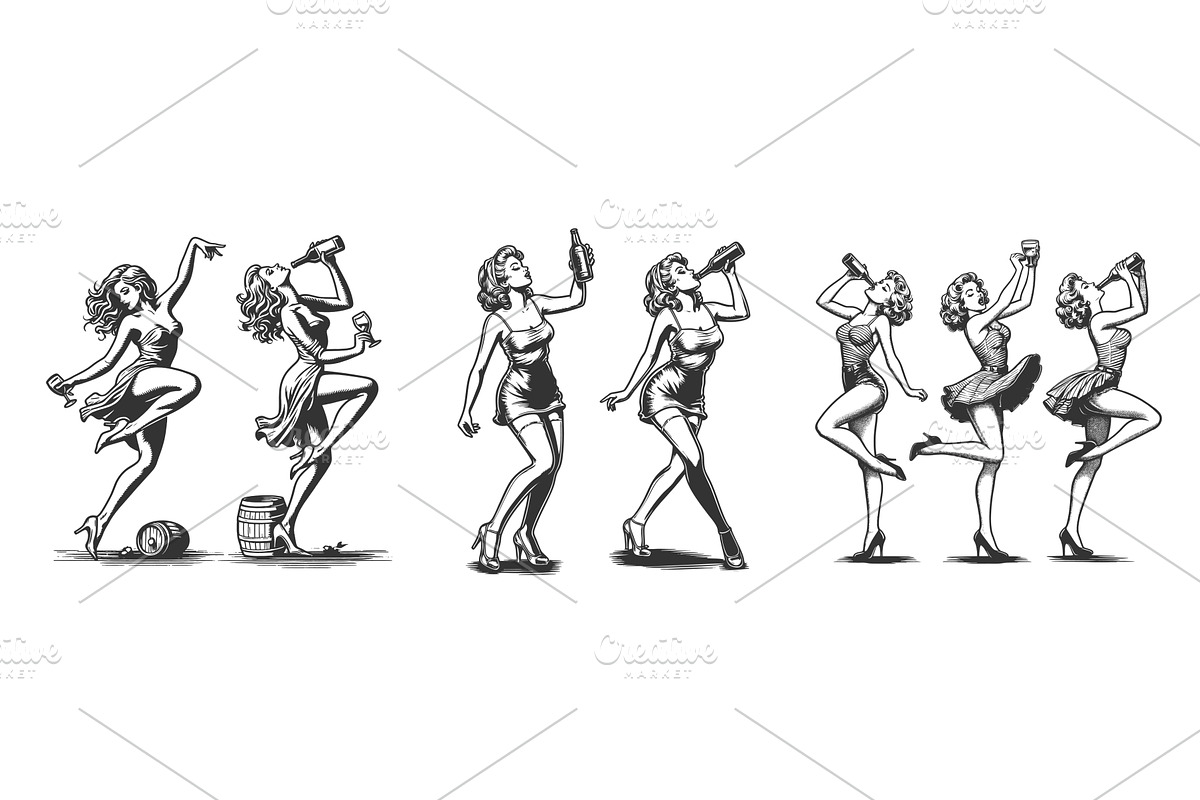 Pin Up Women Drinking Wine engraving, a Person Illustration by AlexArt