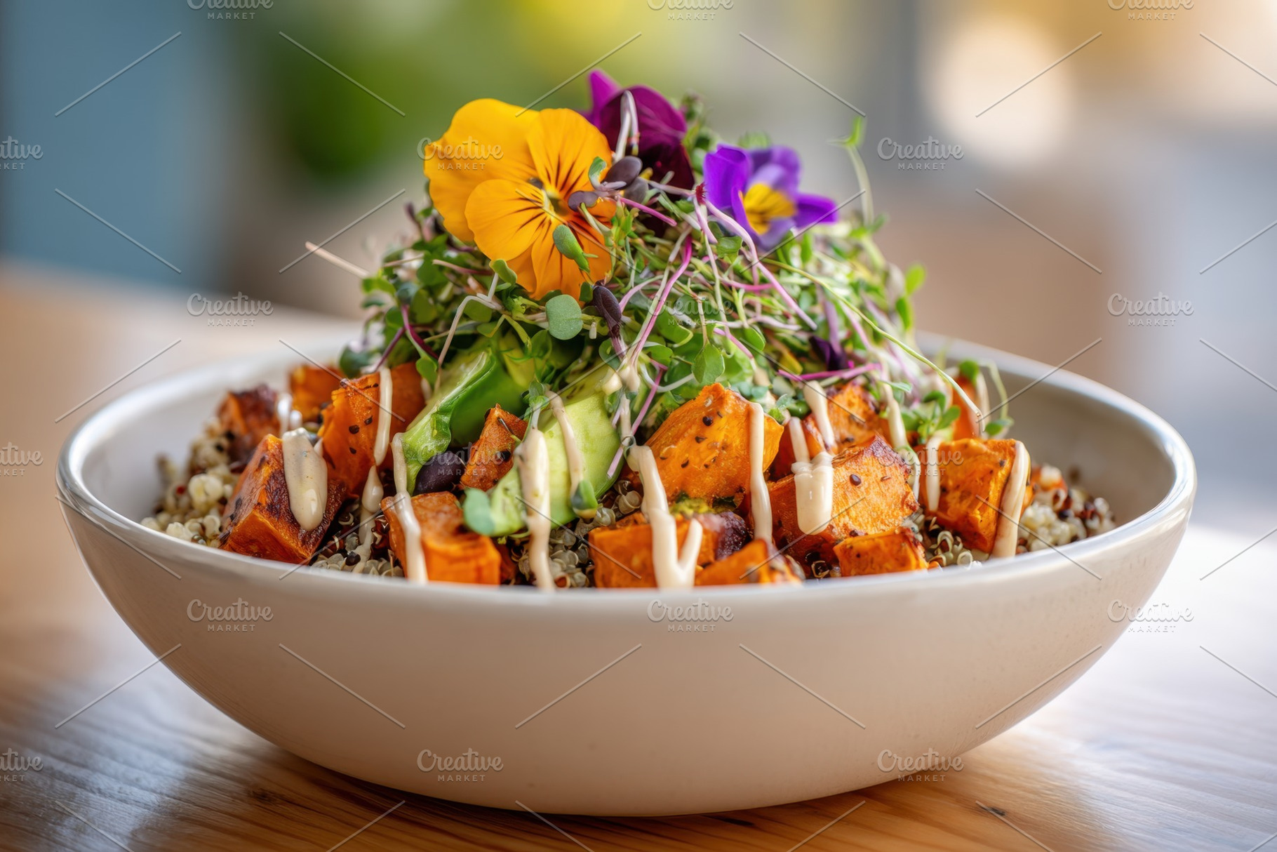 Colorful quinoa bowl with roasted sweet potatoes and avocado, a Food & Drink Photo by AlyaAnd