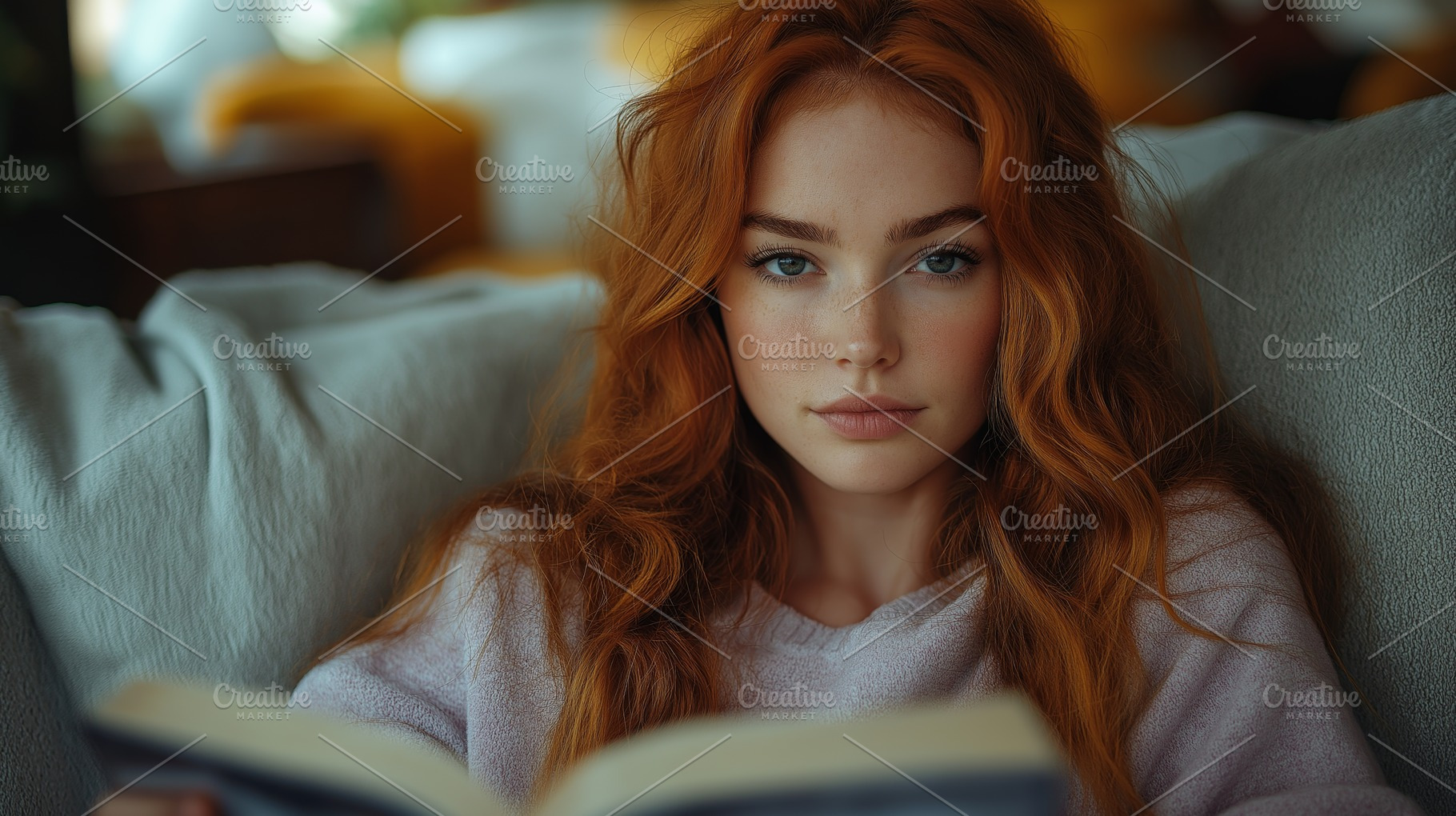 A young woman with striking red hair reading a book in a cozy indoor setting, e, a Person Photo by ImageMir