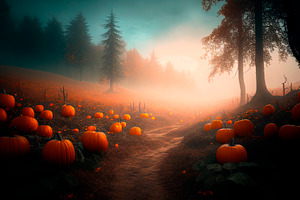 Halloween pumpkin in dark forest, a Holiday Photo by hitdelight