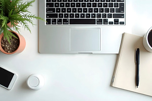 Flat lay top view of modern office d, a Photo by LOGOCREATIVE