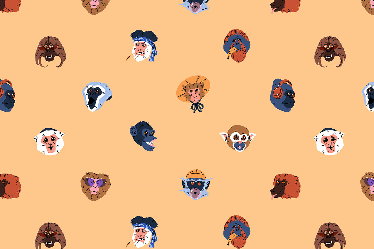 Funny monkeys avatars set + patterns, an Animal Illustration by PaperTrident (Photo 5 of 6)