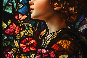 A beautiful stained glass window featuring a young girl with curly hair, surrou, a Person Photo by Textures & Backgrounds