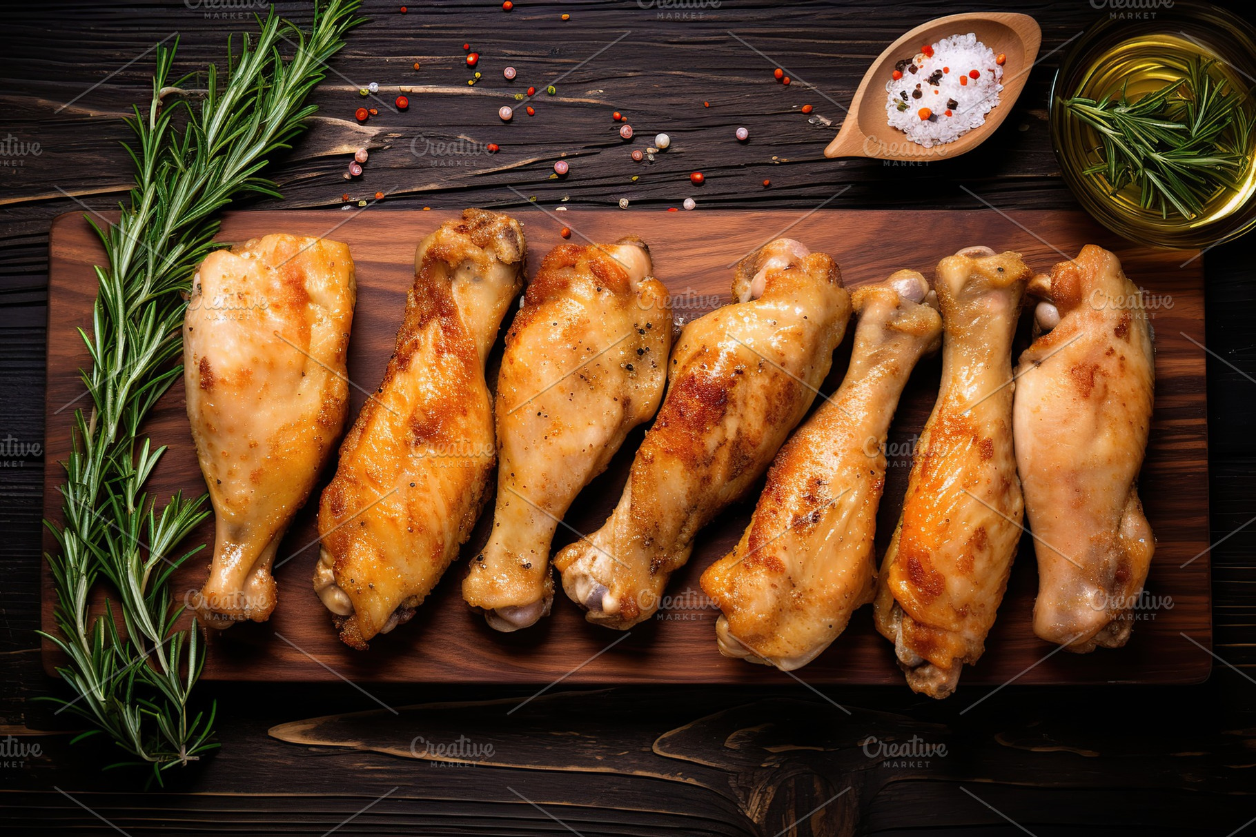 Grilled chicken legs with rosemary on brown wooden background, a Food & Drink Photo by AlyaAnd
