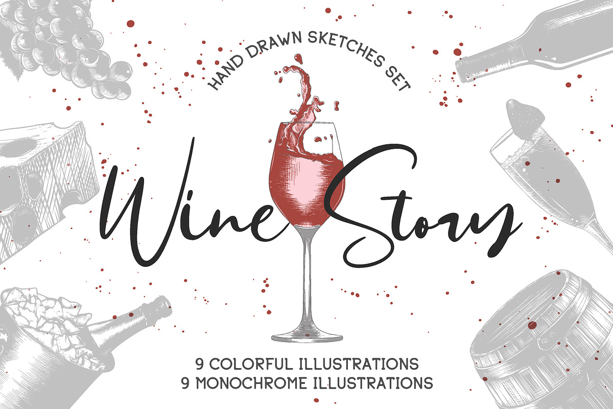 Wine hand drawn sketches set, a Food Illustration by Akimo Mia (Photo 1 of 7)