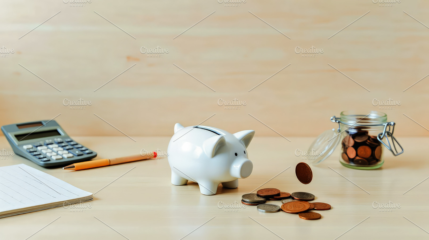 White piggy bank with coins, a jar,, a Business Photo by Perpis