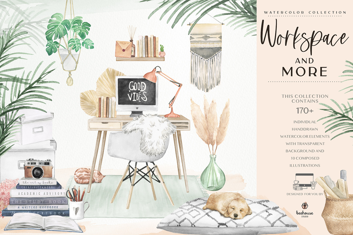 Watercolor Workspace Elements, a Decorative Illustration by beehouse studio (Photo 1 of 14)
