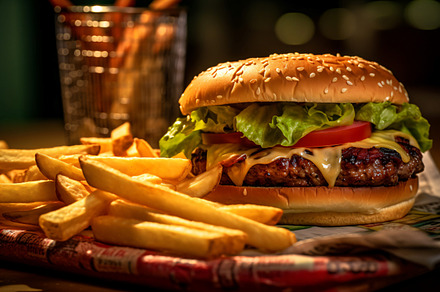 Bacon burger with beef patty potato, a Food & Drink Photo by shahsoft