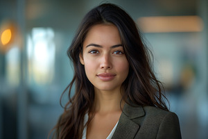 A young woman with long, wavy hair and a confident expression, dressed in a sty, a Person Photo by ImageMir