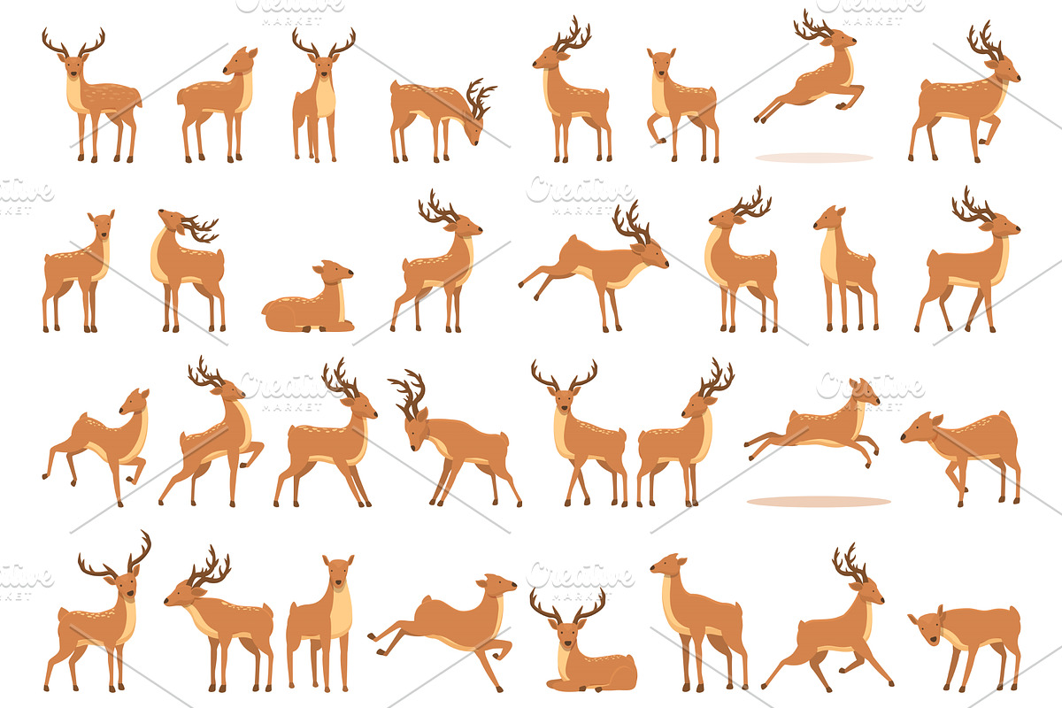 Reindeer herding icons set cartoon, an Animal Illustration by Ylivdesign