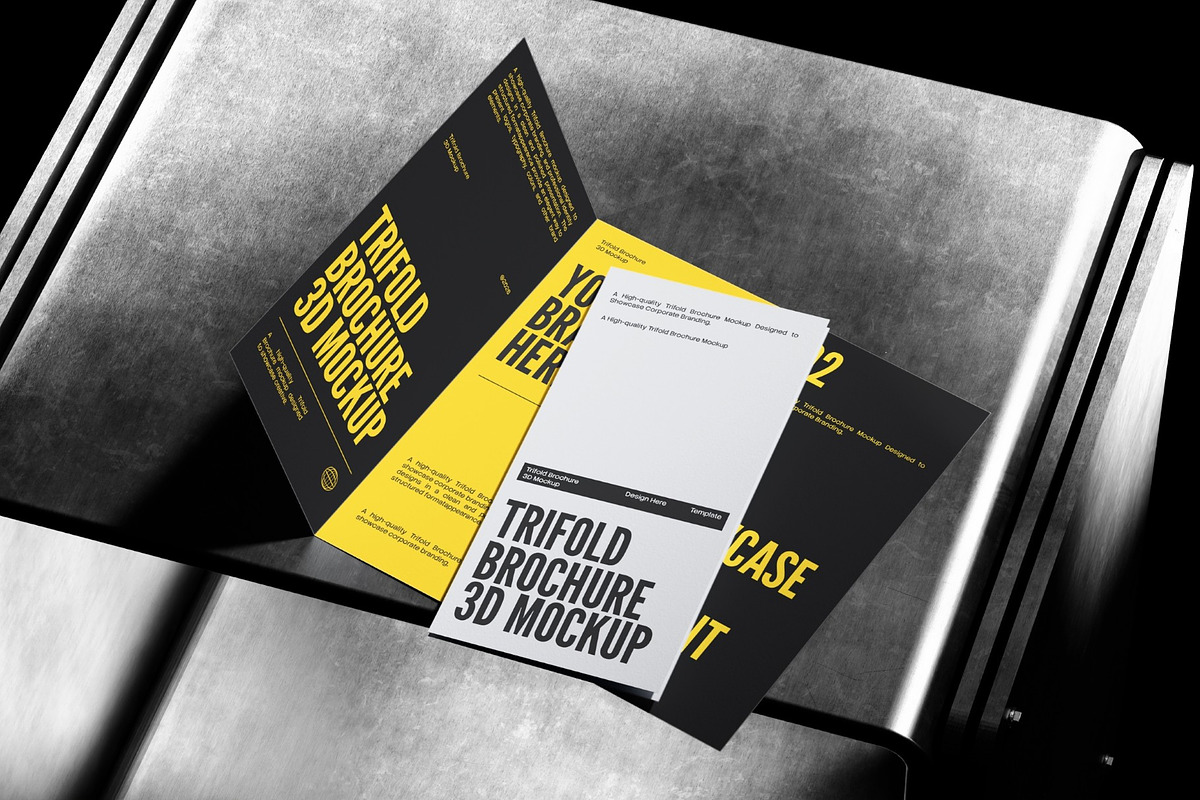 Trifold On Metal Desk 3D Mockup, an Advertising Mockup by graphicook (Photo 3 of 4)