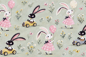 Whimsical pattern of white rabbits in pink floral dresses holdin