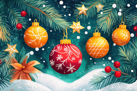 Colorful Christmas ornaments hang fr, a Photo by Tanuart