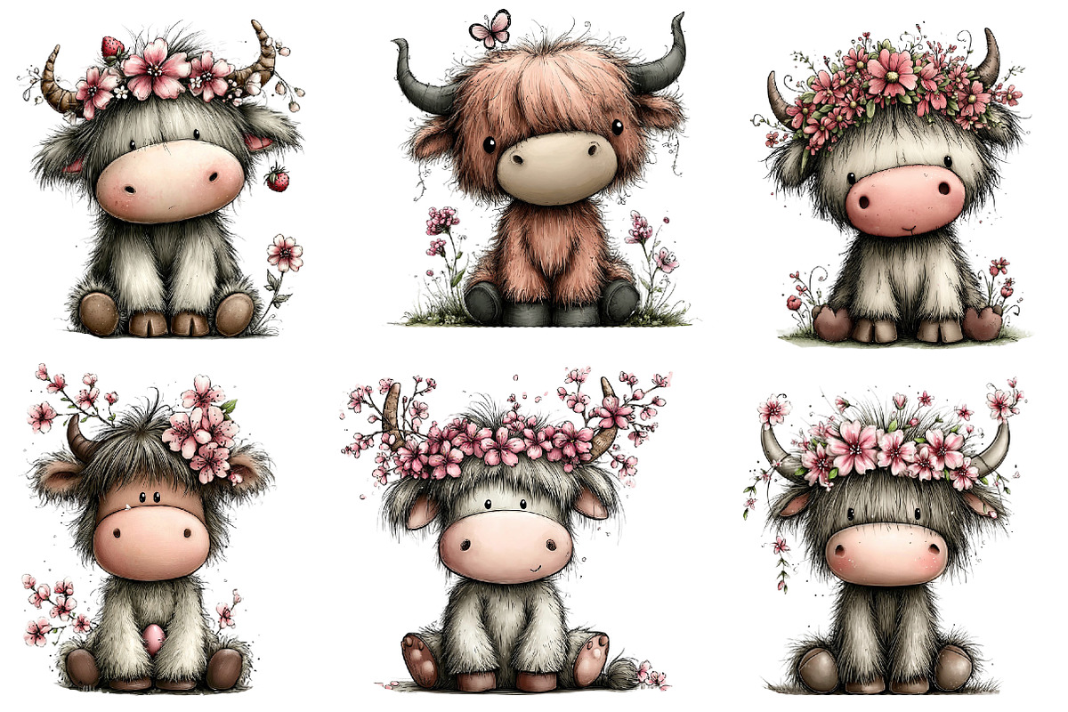 whimsical spring highland cow clipar, an Illustration by Designworld (Photo 5 of 5)