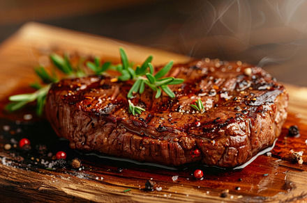 A perfectly grilled steak resting on, a Photo by Tanuart