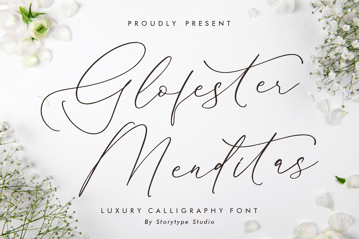 Glofester Menditas Luxury Font, a Script Font by Storytype Studio (Photo 1 of 15)