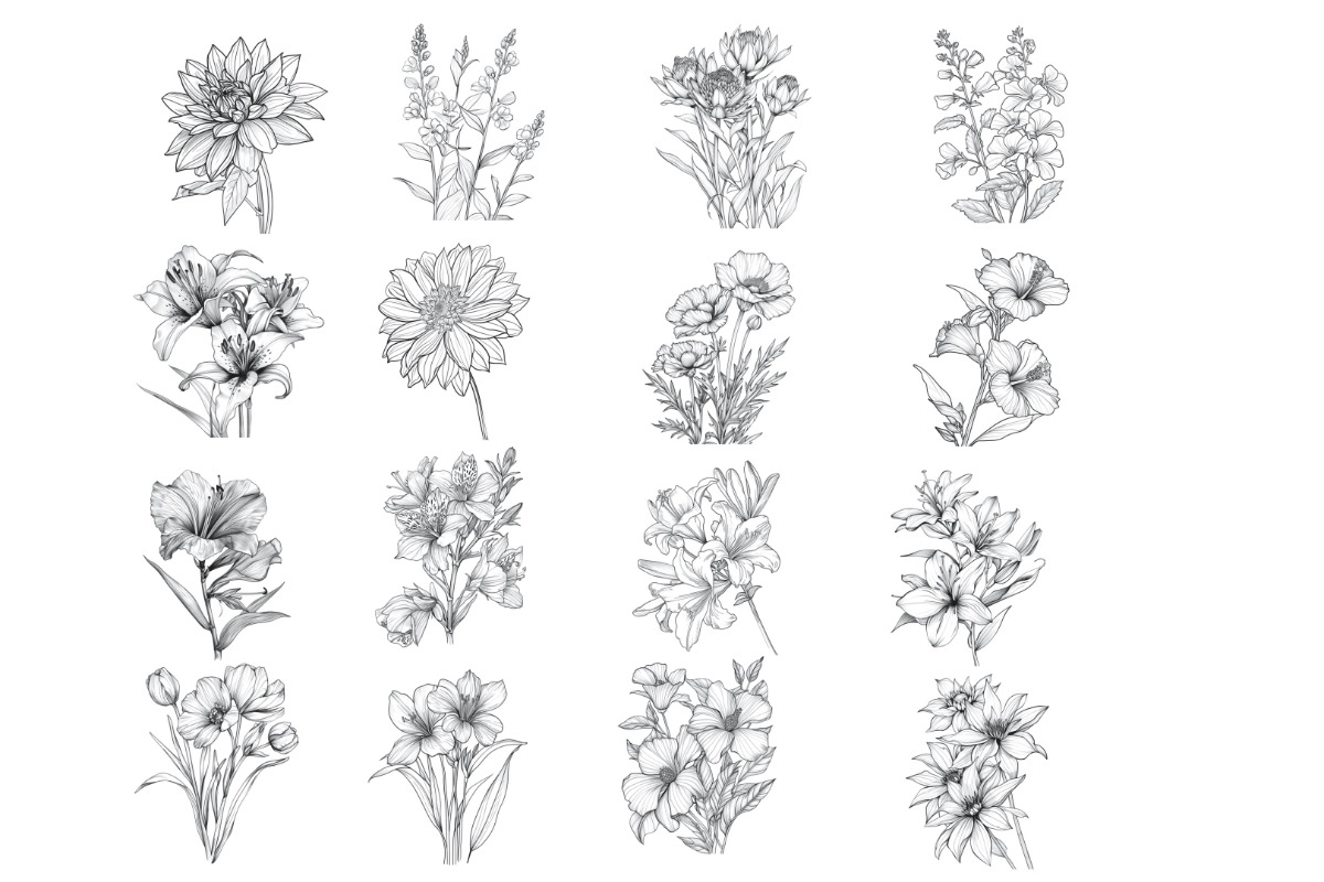 Floral Flower Set 12 Procreate Brush, a Brush Add-On by Disasterology Ink