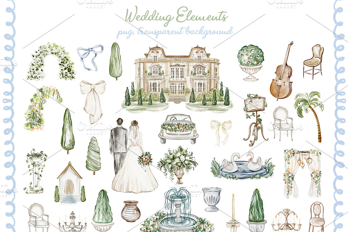 Watercolor Villa Wedding Clipart Set, an Object Illustration by LenArt (Photo 3 of 14)