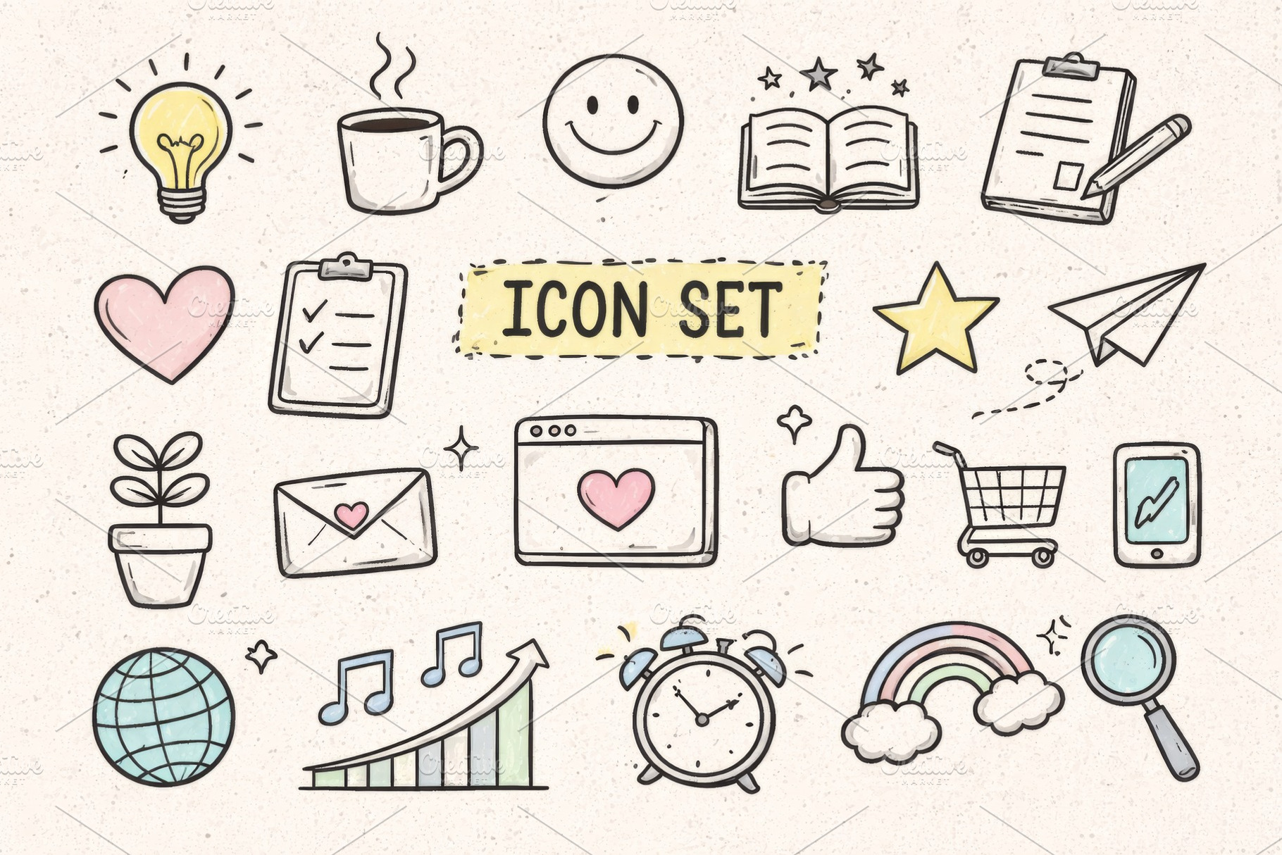 Handwritten icon set featuring various objects and symbols, idea, a Photo by Dvoevnore photos