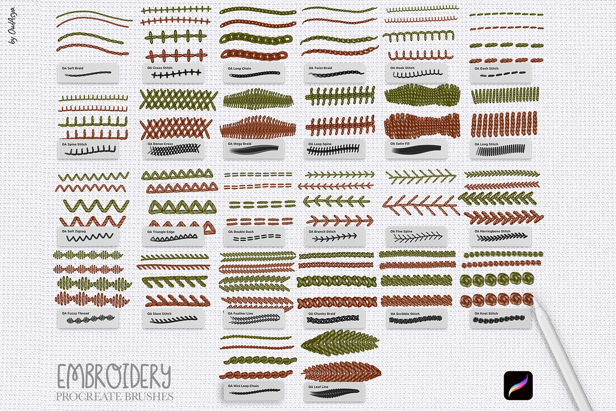 Embroidery Procreate Brushes Kit, a Brush Add-On by owlasya (Photo 3 of 5)