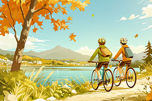 Two bikers enjoying an autumn ride along a picturesque lakeside trail, an Illustration by AS photostudio