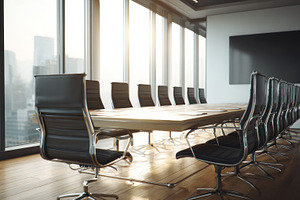 Executive boardroom with black leather chairs and wooden table i, an Abstract Photo by José Manuel Gelpi