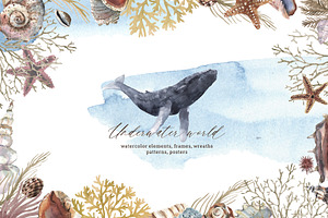 Watercolor whale. Sea underwater set