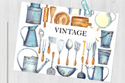 Watercolor ANTIQUE KITCHEN UTENSILS, an Object Graphic by JennyColorArt (Thumbnail 2 of 5)