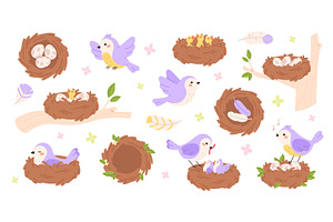 Cartoon bird nests. Newborn birds, an Animal Illustration by LadadikArt