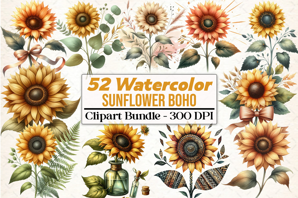 Sunflower Boho Clipart, an Illustration by DreamCafeArt (Photo 1 of 5)