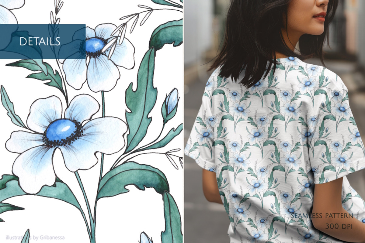 Watercolor Blue Floral Patterns, a Pattern Graphic by Gribanessa (Photo 3 of 3)