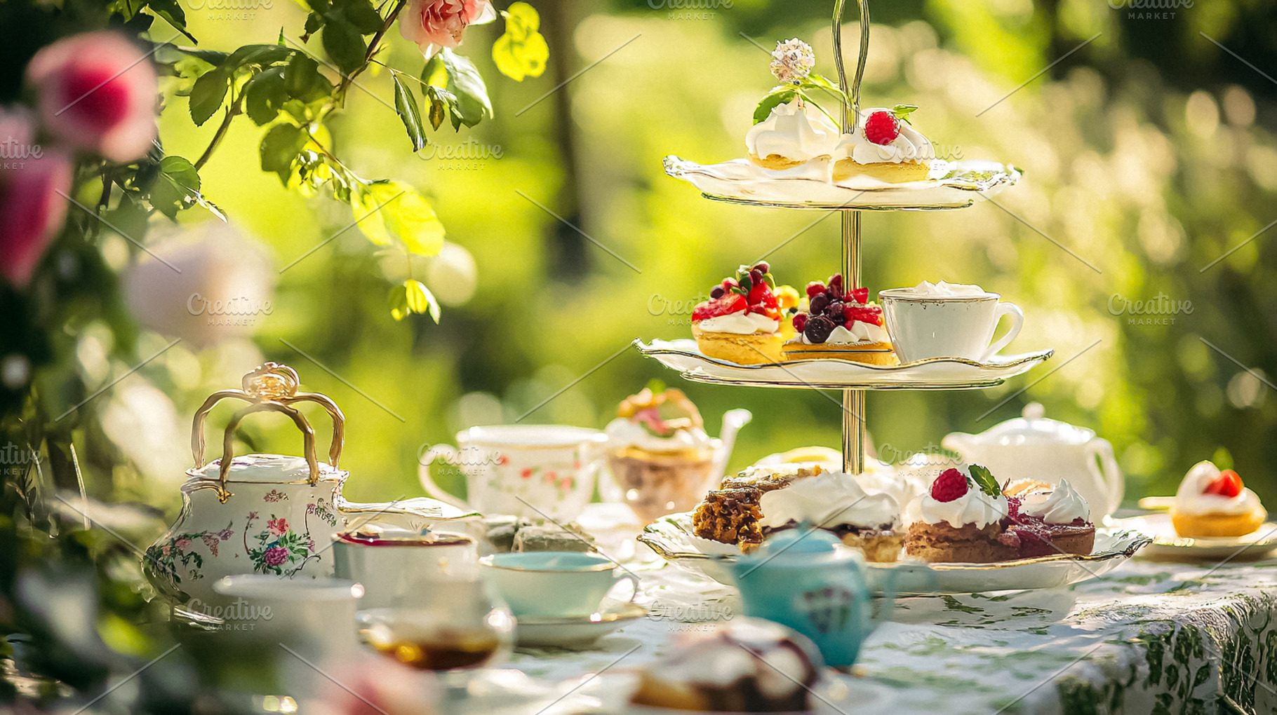 Elegant English afternoon tea setting in the countryside garden, a ...