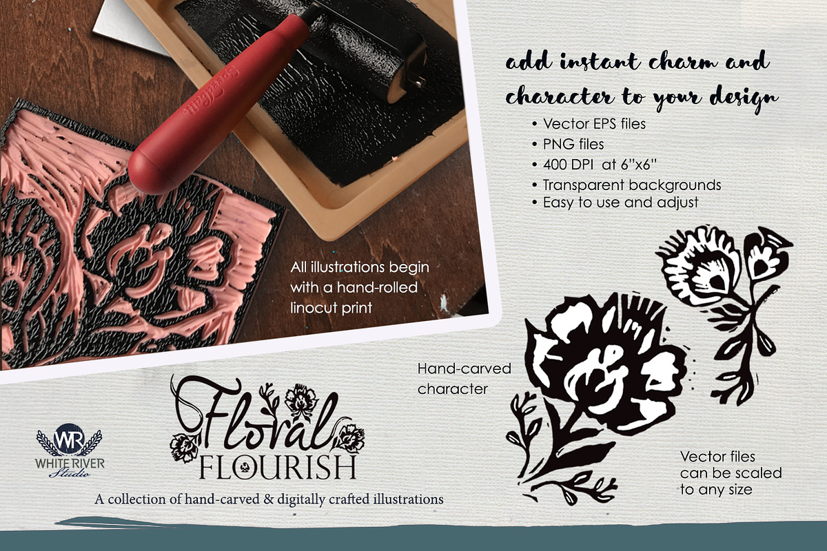 Floral Flourish Linocuts, an Illustration by WhiteRiverStudio (Photo 4 of 10)