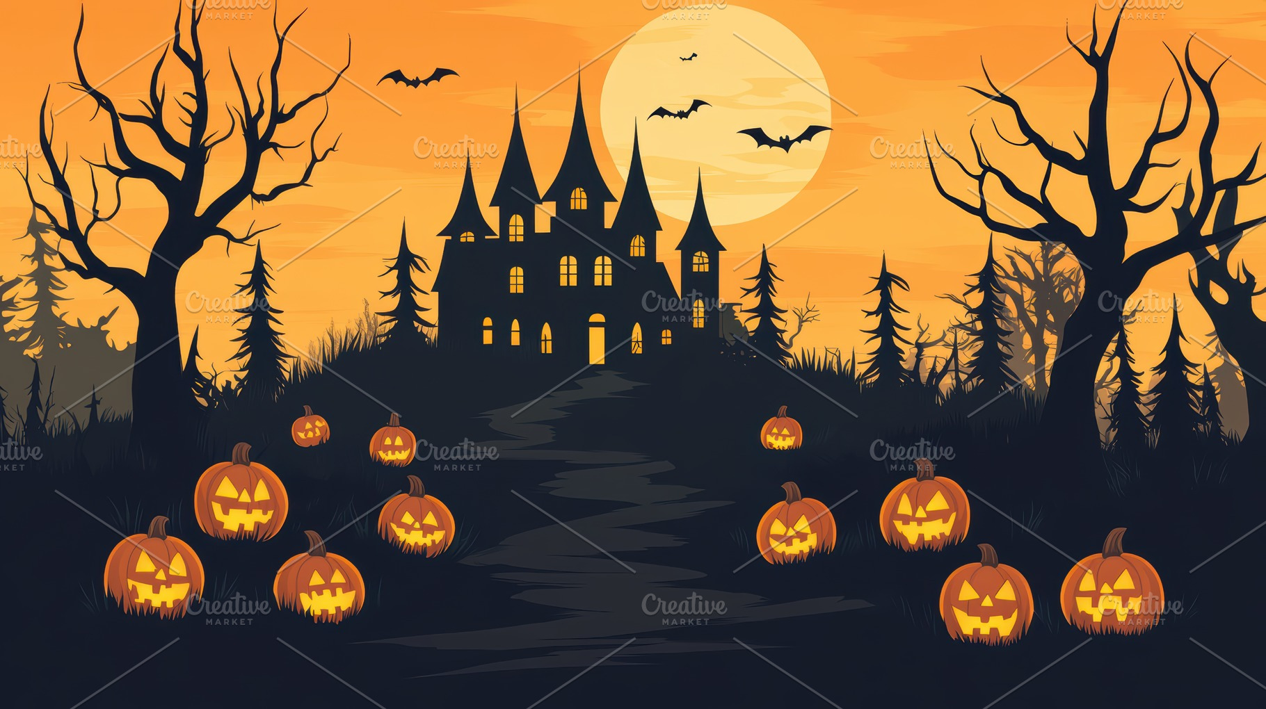 Halloween night scene with a haunted house, bats, and carved pumpkins glowing o, a Holiday Photo by Mashimara