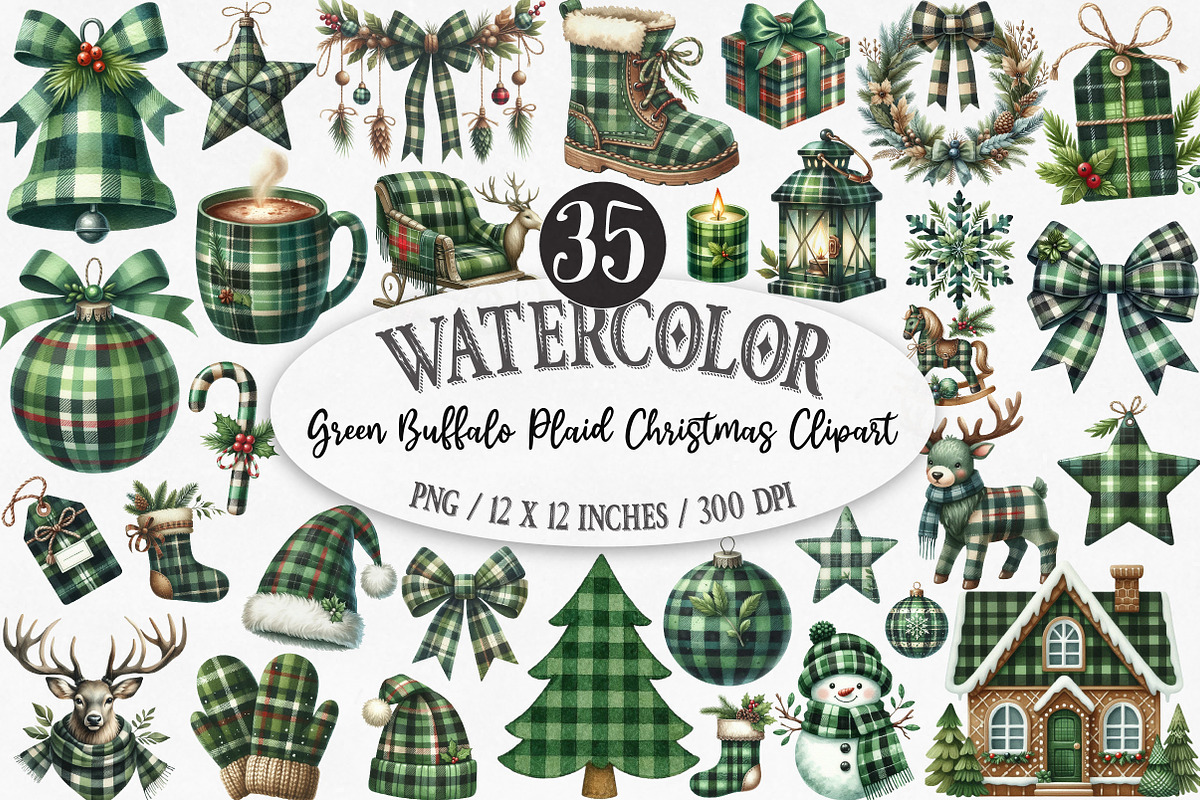 Green Buffalo Plaid Christmas Clipar, an Illustration by Designking (Photo 1 of 5)