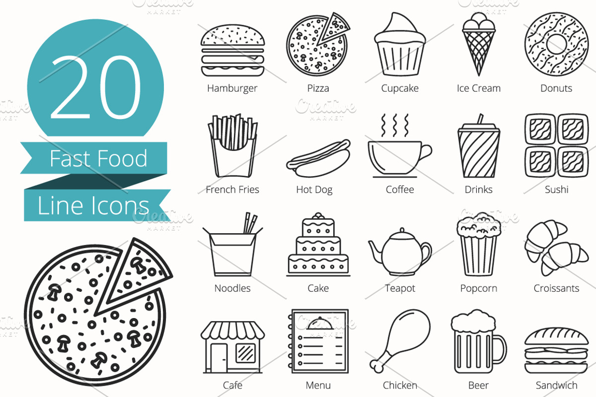 20 Fast Food Line Icons, an Outline Icon by PixMarket
