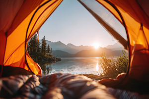 Opening tent door reveals serene lake and mountain view during sunrise, a Photo by AlyaAnd