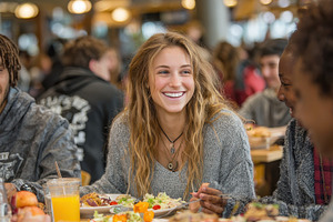 Happy young woman smiling during lun, a Photo by Pixeness Studio
