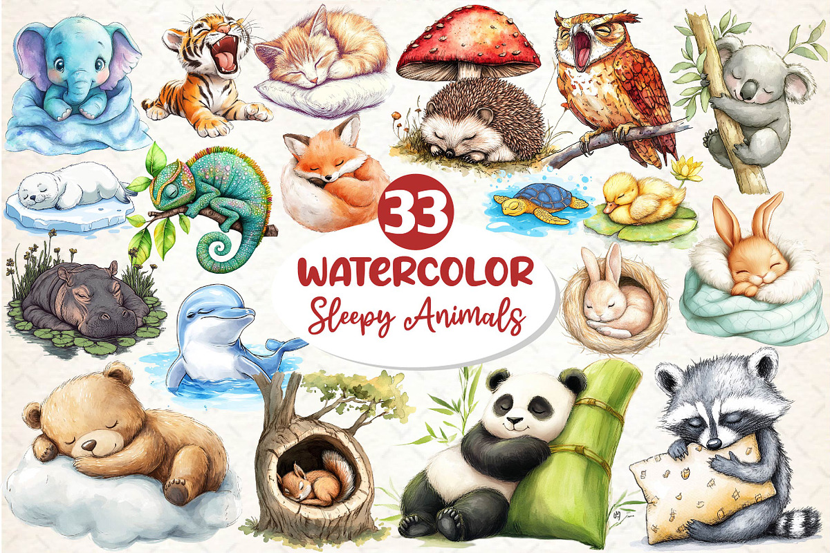Watercolor Sleepy Animals Clipart, an Illustration by Dream Creation (Photo 1 of 6)
