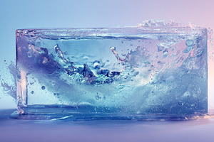 Water splashing and freezing inside a clear ice block creating a, a Photo by Studio ANNA