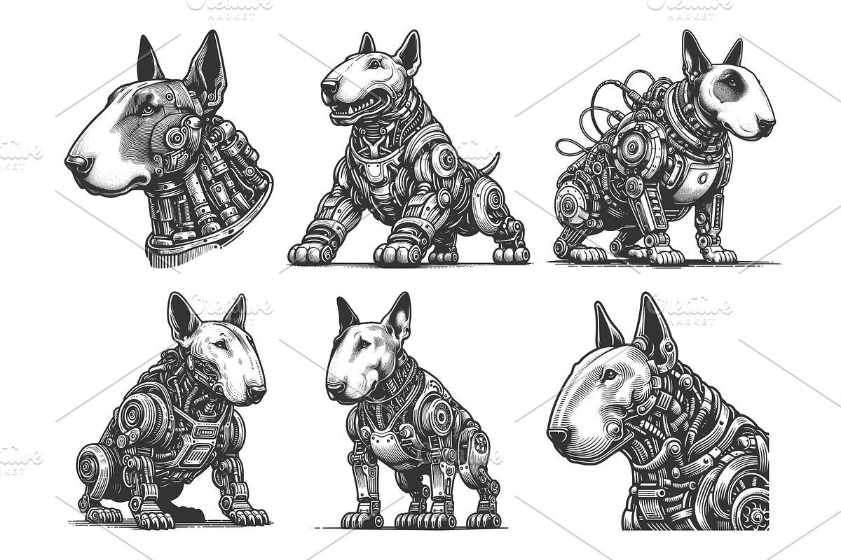 Robotic Dogs engraving set vector, an Animal Illustration by AlexArt