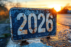 Rusty metal 2026 sign on textured road surface illuminated by go, an Abstract Photo by José Manuel Gelpi