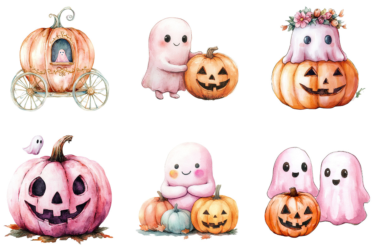 Cute Pink Ghost Pumpkin Halloween B, an Illustration by DreamArtGraphic (Photo 3 of 5)
